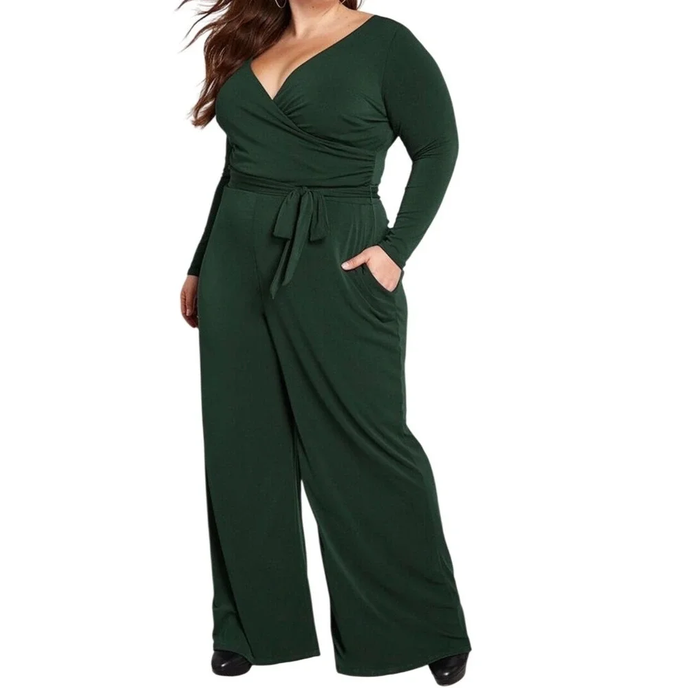 NWT ModCloth Dark Green Surplice Long Sleeve Wide Leg Jumpsuit XXS‎ Retro Party